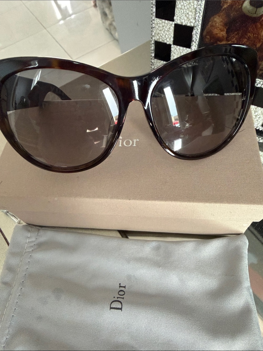 Dior Black Tortoiseshell Sunglasses with Pink Crystal Temples - Picture 7 of 7